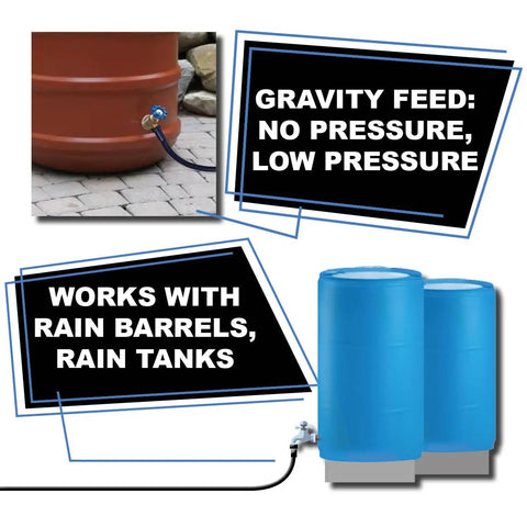 Image showing the use of Gravity-Fed Drip Irrigation Kit With Inline Emitters For Rain Barrels And Cisterns No-Fuss No-Pressure Low-Pressure System 45-Piece Kit Covers Up To 250 Sq Ft With 50 Ft Mainline And 100 Ft Emitter Line with rain barrels.