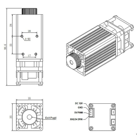 Front view of LASER TREE laser engraver module, 4000mW, 450nm, adjustable focal, with cooling fins