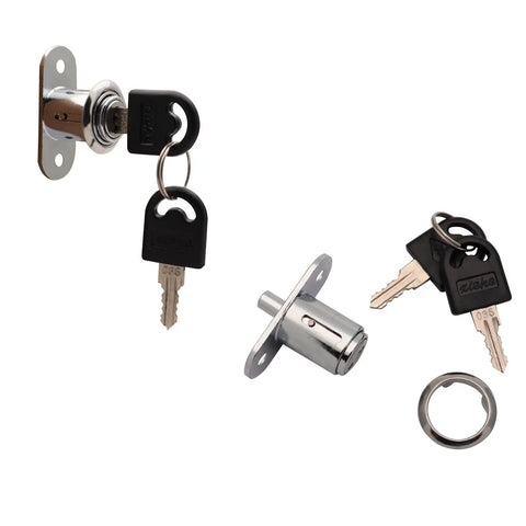 Premium Heavy Duty Two Pack Push Plunger Lock With Unique Keys For Cabinet Wardrobe And Storage Zinc Alloy Chrome Coating Locks displayed with keys.