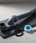 Happyyami Flexible Bathtub Drain Pipe 1 Piece Black for Freestanding Tub, featuring flexible design and included plumbing tape.