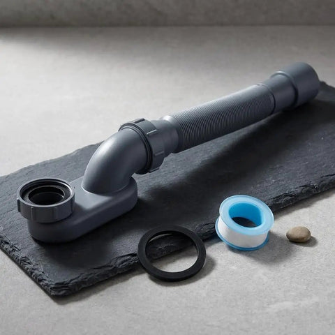 Happyyami Flexible Bathtub Drain Pipe 1 Piece Black for Freestanding Tub, featuring flexible design and included plumbing tape.