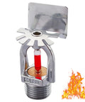 Top Notch Fire Sprinkler Head Replacement Pendent Type Quick Response Water Spray 1/2 Inch Thread showing copper body and red glass bulb.