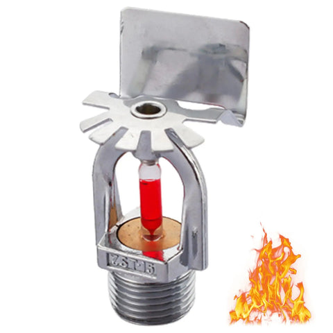 Top Notch Fire Sprinkler Head Replacement Pendent Type Quick Response Water Spray 1/2 Inch Thread showing copper body and red glass bulb.
