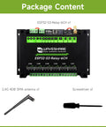 Package contents showing Six Channel ESP32S3 WiFi Relay Module with RS485 and Bluetooth, antenna, and screwdriver.