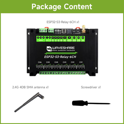 Package contents showing Six Channel ESP32S3 WiFi Relay Module with RS485 and Bluetooth, antenna, and screwdriver.