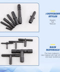 Front view of Glarks 113-piece vacuum connector set, black nylon automotive hose fittings, straight/tee/reducer.
