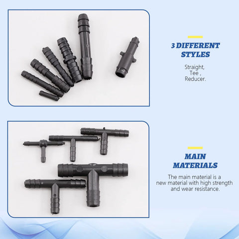 Front view of Glarks 113-piece vacuum connector set, black nylon automotive hose fittings, straight/tee/reducer.