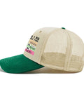 Funny Spare Time RV Camper Sun Hat For Dad with beige mesh and green brim, side view showing playful design for outdoor adventures.