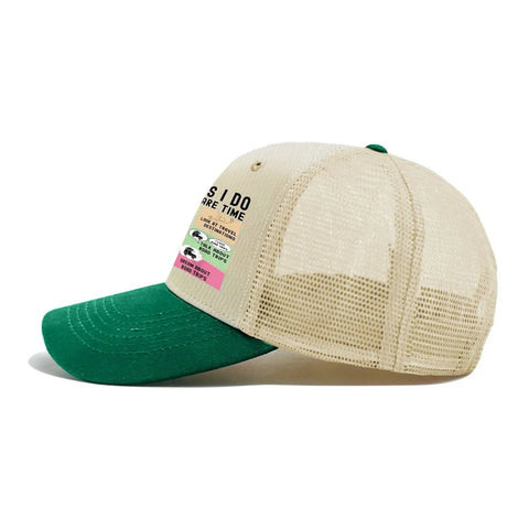 Funny Spare Time RV Camper Sun Hat For Dad with beige mesh and green brim, side view showing playful design for outdoor adventures.