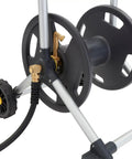 200 Foot Heavy Duty Aluminum Upright Hose Reel with rust proof frame and leak proof brass connections detail view.