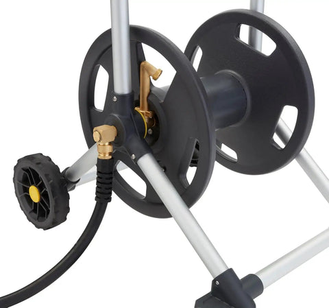 200 Foot Heavy Duty Aluminum Upright Hose Reel with rust proof frame and leak proof brass connections detail view.