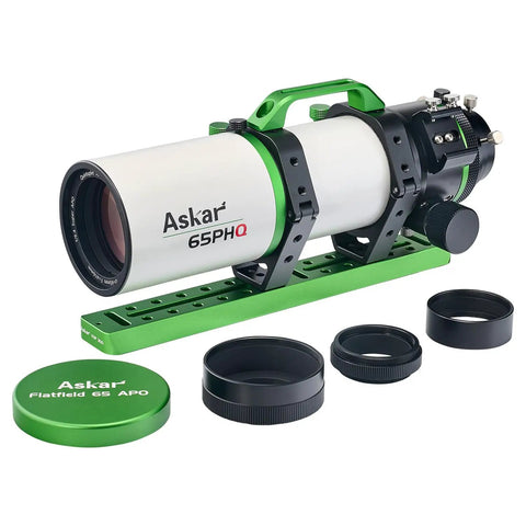 65mm Apo Flatfield Astrograph With 416mm Focal Length F6.4 Quadruplet Air Spaced Optics with accessories on display table