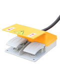 Foot pedal for 25-Ton H-Frame Hydraulic Shop Press Workhorse with yellow cover, used in bending, stamping, and straightening tasks.
