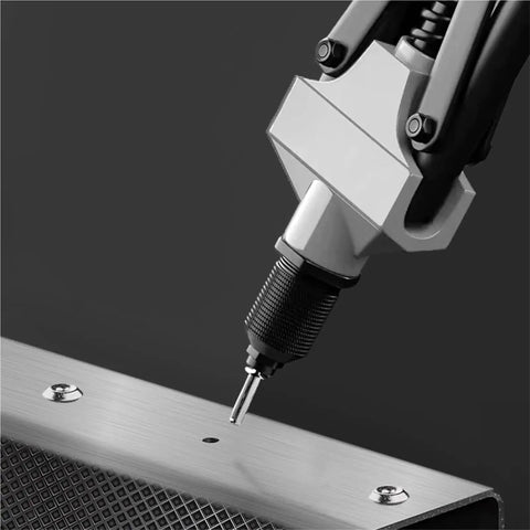 Tool using 570 Piece Aluminum Rivet Assortment Kit, 15 Sizes, Silver Pop Rivets for metal DIY projects.