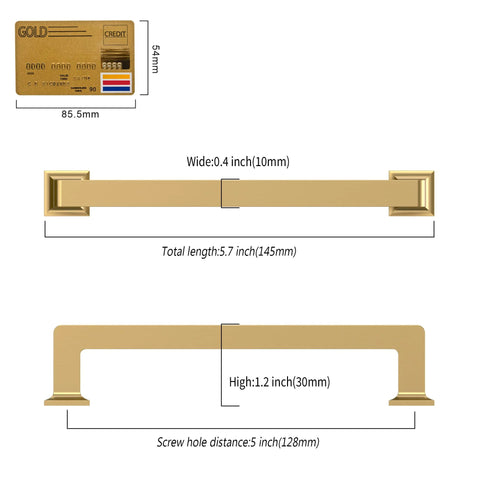 Champagne Bronze Cabinet Pulls Set, 5 Inch Center To Center, side view with dimensions, zinc alloy drawer handle, 10 pack
