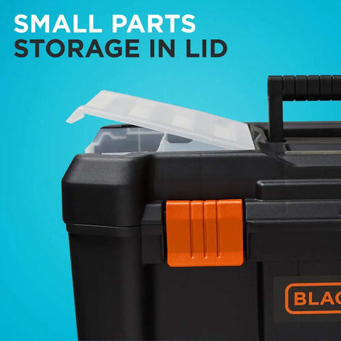 Close-up of Tool Box Bundle 19-Inch And 12-Inch Storage Cases with Easy Access Top Lids showing small parts compartment open