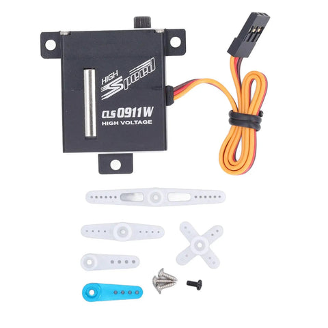 Heavy Duty Digital Servo Motor With High Metal Gears For RC Drone Smart Car And Robotics Kits Built Tough As Nails Using Solid Aluminum Alloy, showing motor and horn attachments.