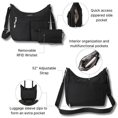 Detailed view of Everywhere Bagg Hobo Crossbody Bag With RFID Wristlet For Women, showcasing features and compartments.