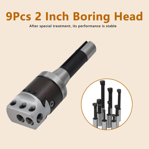 2 Inch Boring Head With R8 Shank Pro Grade Heavy Duty Boring Bar Set For Milling And Lathe Work, 9 Carbide Tipped Bars