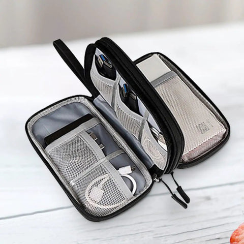 Travel Cable Organizer Pouch For Cords And Chargers Waterproof Double Layer Electronics Storage Bag open view with compartments