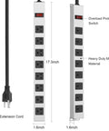 Heavy Duty 8 Outlet Power Strip With Mountable Design, 1200J Surge Protector, showing long metal body and cord measurements