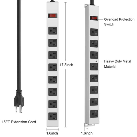 Heavy Duty 8 Outlet Power Strip With Mountable Design, 1200J Surge Protector, showing long metal body and cord measurements