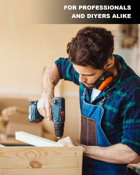Man using a drill in workshop, with text 'For Professionals and Diyers Alike'