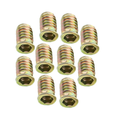 Solid M6 By 15mm Furniture Insert Nuts Hex Socket Fasteners With Zinc Coating For Wood Projects, 10 pack, gold finish.