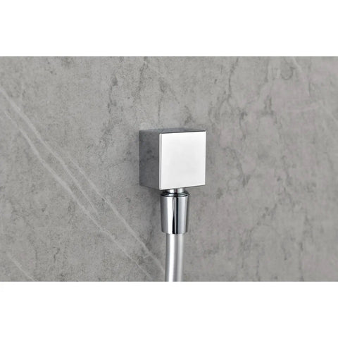 Wall Mounted Waterfall Rain Shower System with 3 Body Sprays & Handheld chrome wall connector with hose on gray marble.