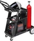 3 Tier Welding Cart With 360 Degree Swivel Wheels For MIG TIG Plasma Cutter Welder Kit holding tools and a gas cylinder