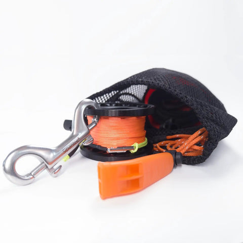 DSMB Kit For Scuba Diving With Five Foot Tube And Ninety Eight Foot Reel Marker Buoy Beefy 316 Stainless Double End Hook Metal Spool