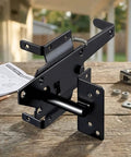 Tough as Nails Carbon Steel Fence Gate Latch for Wood and Vinyl Fences Rust Resistant Heavy Duty Outdoor Latch showing steel latch mechanism on wood surface.