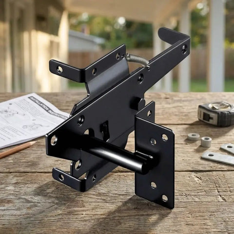 Tough as Nails Carbon Steel Fence Gate Latch for Wood and Vinyl Fences Rust Resistant Heavy Duty Outdoor Latch showing steel latch mechanism on wood surface.