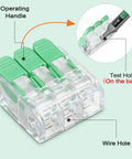 No Screwdrivers Needed With These 30pcs Push Button Lever Wire Connectors Featuring Quick Release Mechanism For Fast Three Port Junction Installation In Tight Spaces Without Any Tools Required, clear 3-port PA66 connector with test hole and wire hole