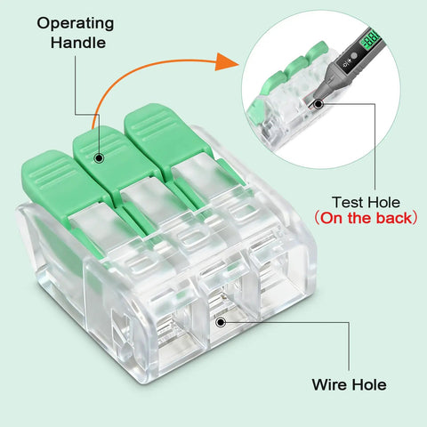 No Screwdrivers Needed With These 30pcs Push Button Lever Wire Connectors Featuring Quick Release Mechanism For Fast Three Port Junction Installation In Tight Spaces Without Any Tools Required, clear 3-port PA66 connector with test hole and wire hole