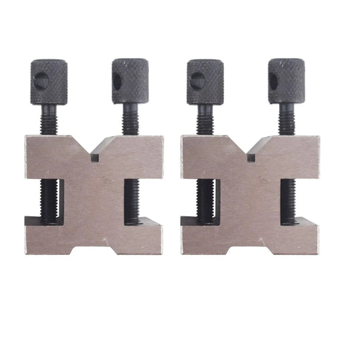 V Block Set With Clamp For Precision Machinist Work In Hardened Steel 90 Degree V Block Pair 1-3/8 X 1-3/8 X 1-3/16 Inches With Box High Accuracy 0.0002 And 19/32 Vee Capacity, showing two blocks with clamps.
