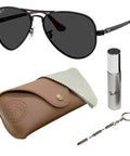 RB3925 Pilot Shape Polarized Sunglasses For Men And Women With Black Frame And Polarized Lenses All Day Everyday Wear Ready Includes Official Eyewear Kit Showing sunglasses, case, spray, and tool