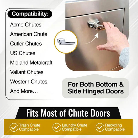 Slick Chrome ADA Laundry Chute Door Handle With V Spindle And Universal Latch Plunger Kit For Bottom Or Side Hinged Doors Featuring Smooth Glide Action And Easy Peasy Installation Rock Solid Security