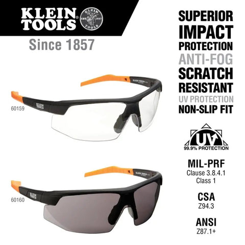 Klein Tools safety glasses with black frame and orange tips, featuring impact protection, anti-fog, scratch resistance, UV protection.