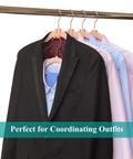 Wardrobe with suits and shirts on velvet hangers using 60 Pack Mini Cascading Hanger Hooks For Velvet Huggable Hangers.