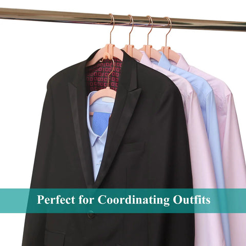 Wardrobe with suits and shirts on velvet hangers using 60 Pack Mini Cascading Hanger Hooks For Velvet Huggable Hangers.