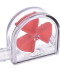 Eisfluegel Flow Indicator with slick red fins and clear body for PC water cooling, fits 6 to 11 mm hoses, front view.
