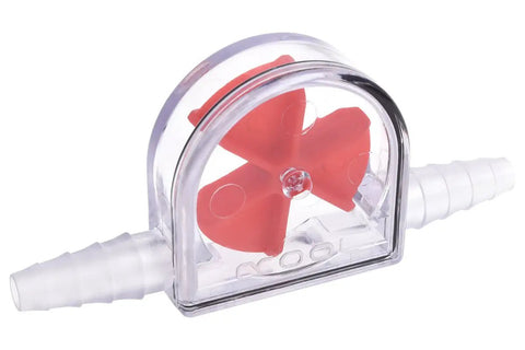 Eisfluegel Flow Indicator with slick red fins and clear body for PC water cooling, fits 6 to 11 mm hoses, front view.