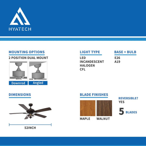 52 Inch Indoor Ceiling Fan With Light And Remote Control In Oil Rubbed Bronze With Clear Glass Farmhouse Style Reversible Blades And Motor 110V ETL Listed For Living Room Dining Room Bedroom Basement Kitchen dimensions and features.