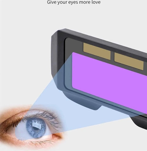 Kick Ass Auto Darkening Welding Goggles With Impact Resistant Polycarbonate Lens and Sure Fit Elastic Strap For Hardcore Fabricators Demanding Heavy Duty Eye Safety Gear focusing on the lens and eye.