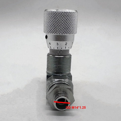 Tubular hydraulic bidirectional flow control valve, front view, knurled adjustment knob, G3/8/L08 connector.
