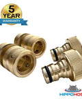 Leak-Free Three-Quarter Inch Snap-On Garden Hose Fittings 2 Pack, Solid Brass Quick-Connect Adapters, 5-year warranty, HippoHose logo.
