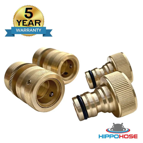 Leak-Free Three-Quarter Inch Snap-On Garden Hose Fittings 2 Pack, Solid Brass Quick-Connect Adapters, 5-year warranty, HippoHose logo.