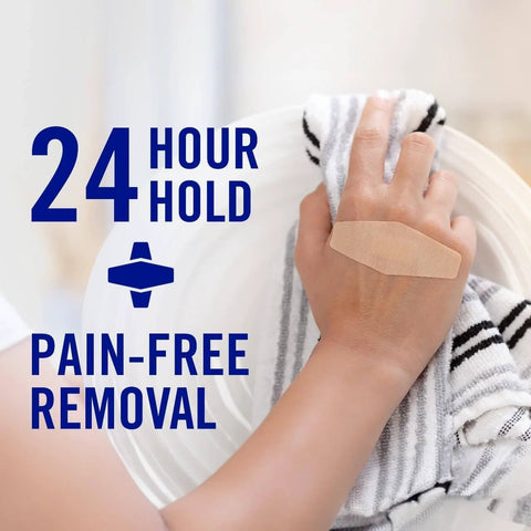 Person washing dishes with Painless-Removal Bandage visible on hand, showcasing 24-hour hold, water-resistant adhesive, and flexibility