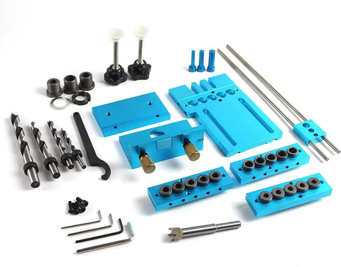 Pro Grade Universal Dowel And Cam Jig Kit With Five Drilling Sleeves 6mm 8mm 10mm for DIY woodworking guide components displayed